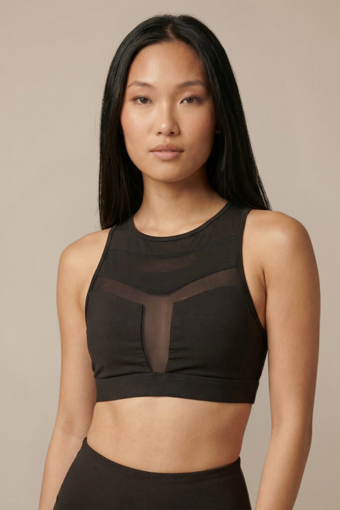 Black mesh panel high-neck sports bra