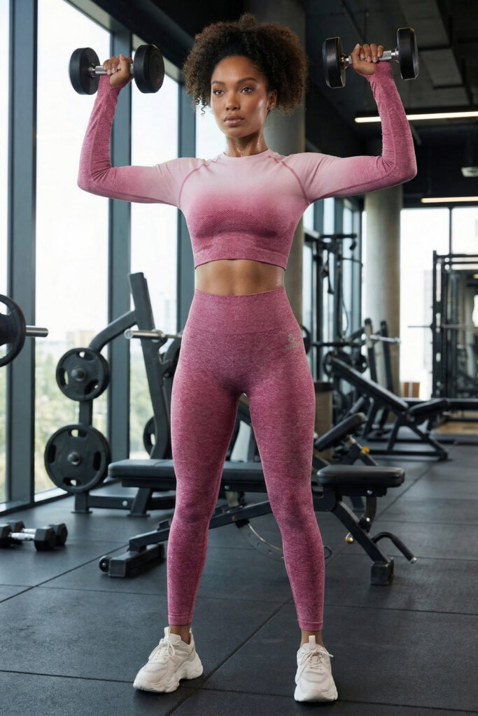 Pink ombre long sleeve crop top and leggings in a gym