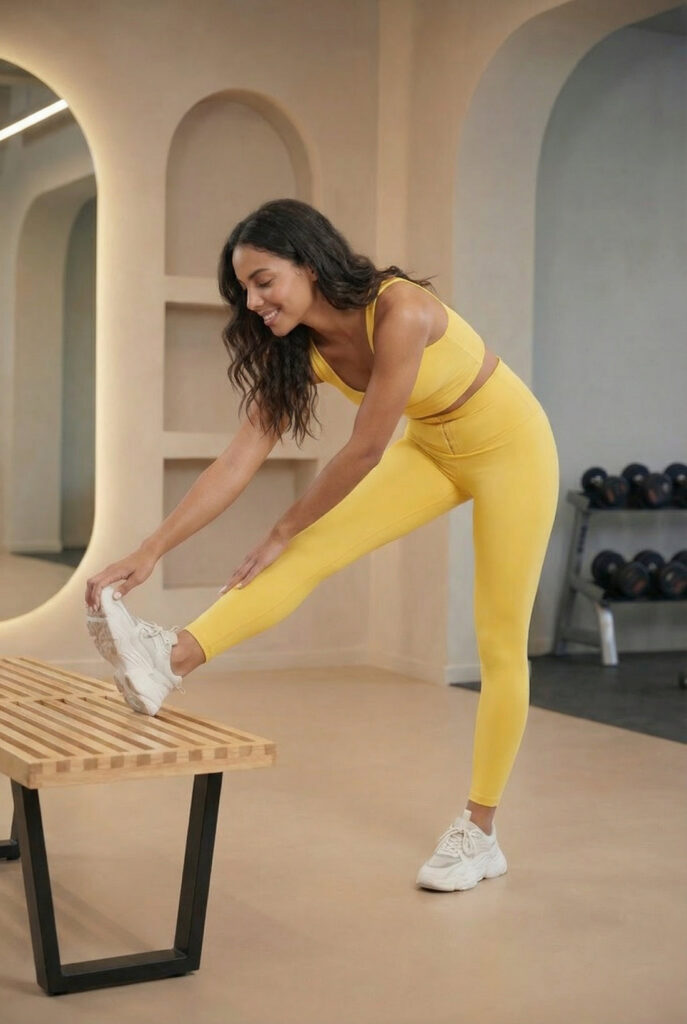 Yellow leggings and sports bra during a stretch